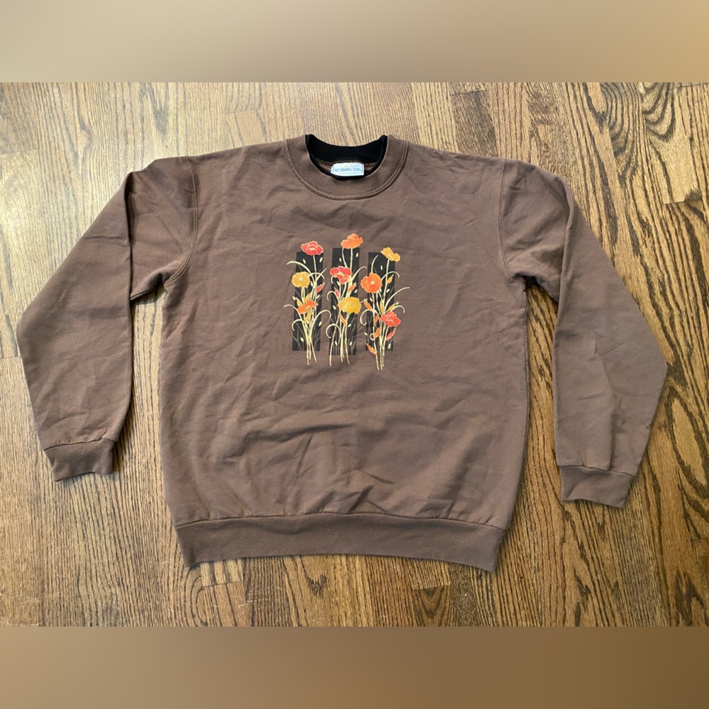 Vintage Brown Sweatshirt with Metallic red/orange/yellow flower design